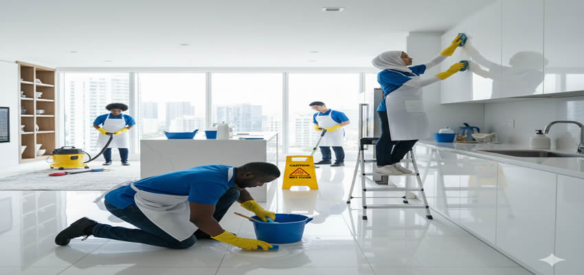 Professional cleaning team performing deep sanitization